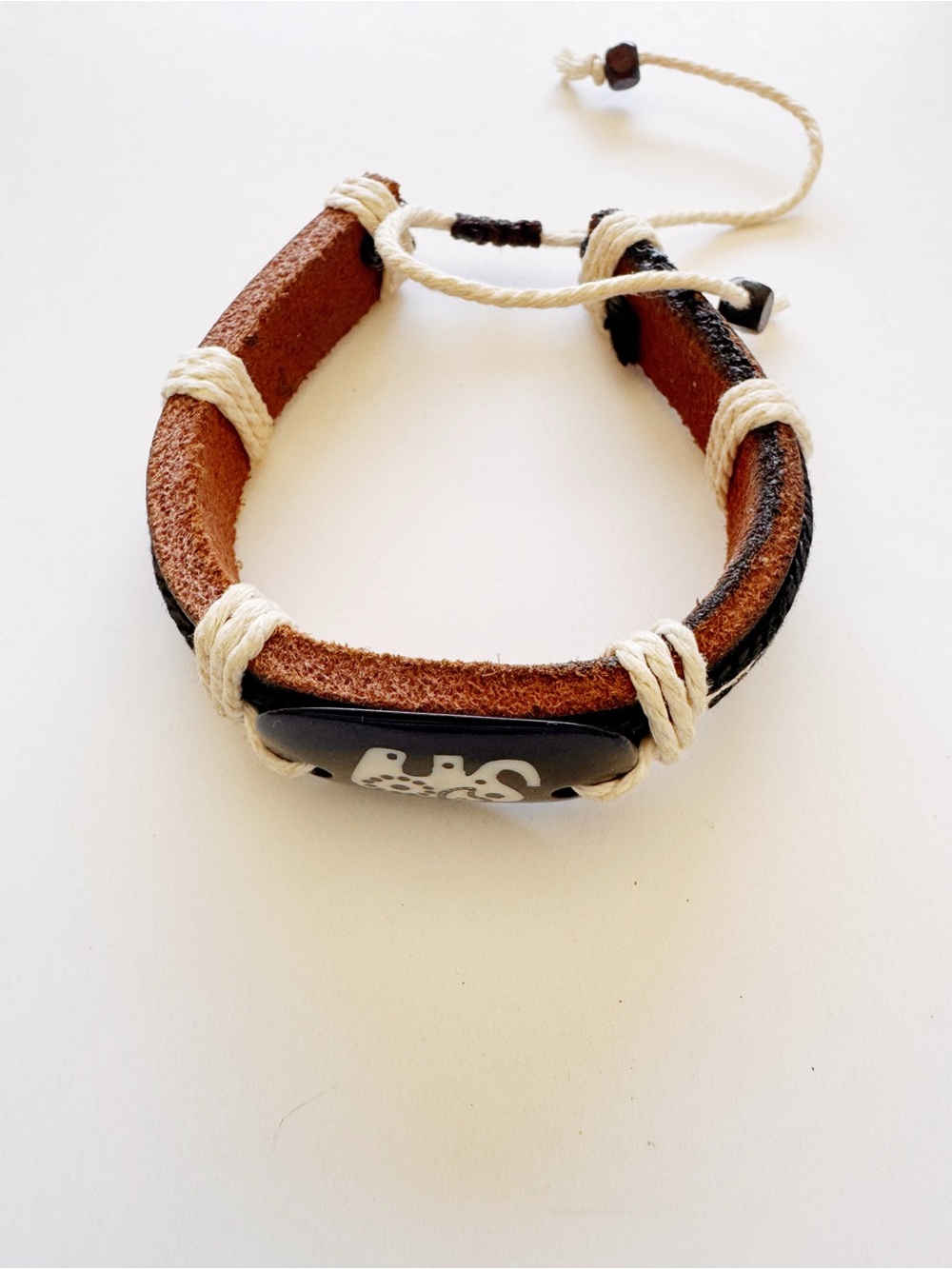 Men's Brown Leather Bracelet with Black Bead Accent